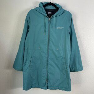 Stussy Jacket Womens Small Teal Hooded Full Zip Long Parka Windbreaker Intl Logo